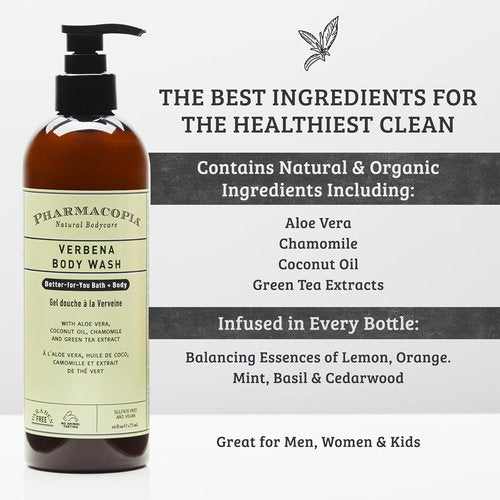 Pharmacopia Verbena Body Wash - Moisturizing Natural Shower Gel with Aloe Vera & Coconut Oil | 16 oz