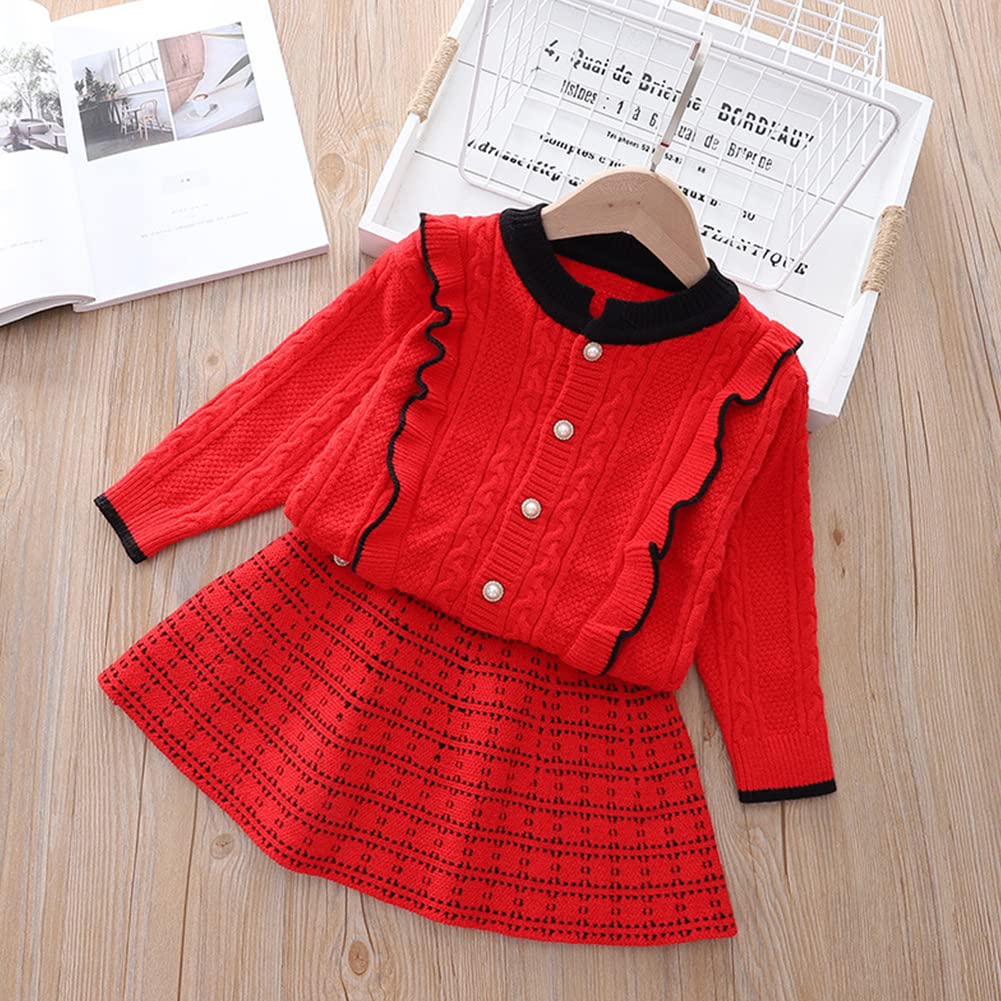 Toddler Baby Girls Autumn Winter Fall Clothes Knit Long Sleeve Ruffle Sweater Top+Pleated Mini Tutu Skirt 2pcs Outfit for Kids Princess Casual Playwear Homewear Clothing Set Red-Plaid 12-18 Months