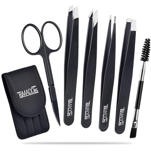 TsMADDTs Tweezers Set and Curved Scissors, Professional Stainless Steel Tweezers for Women and Men, 6 Pack Precision Tweezers For Eyebrows for Ingrown Hair, Daily Beauty Tool with Leather Travel Case