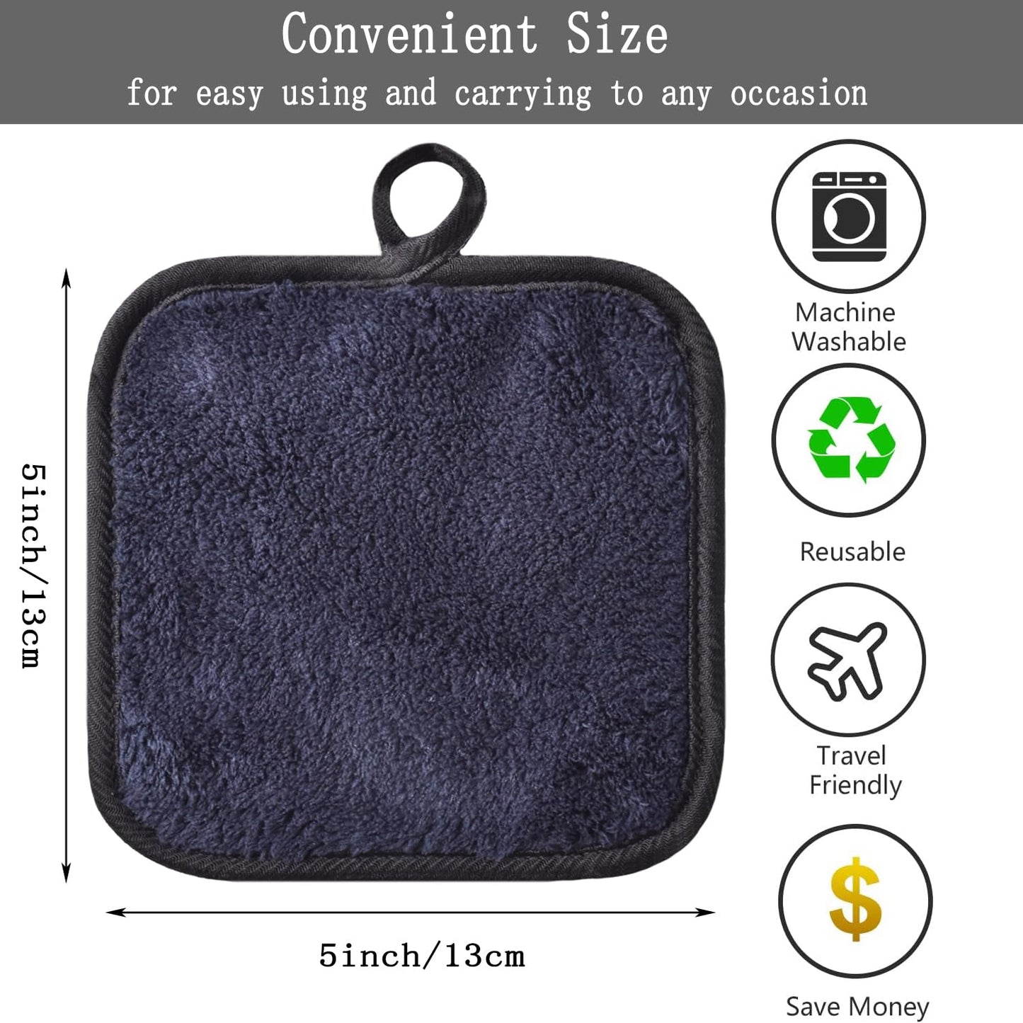 Skiennix Makeup Remover Cloths - Reusable Microfiber Cleansing Pads, 5x5 Inch, 6 Pack (Black)