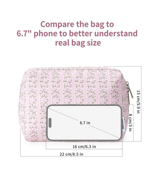 Narwey Cute Floral Makeup Bag - Travel Cosmetic Organizer with Compartments for Women | Large Pink Flower Buds