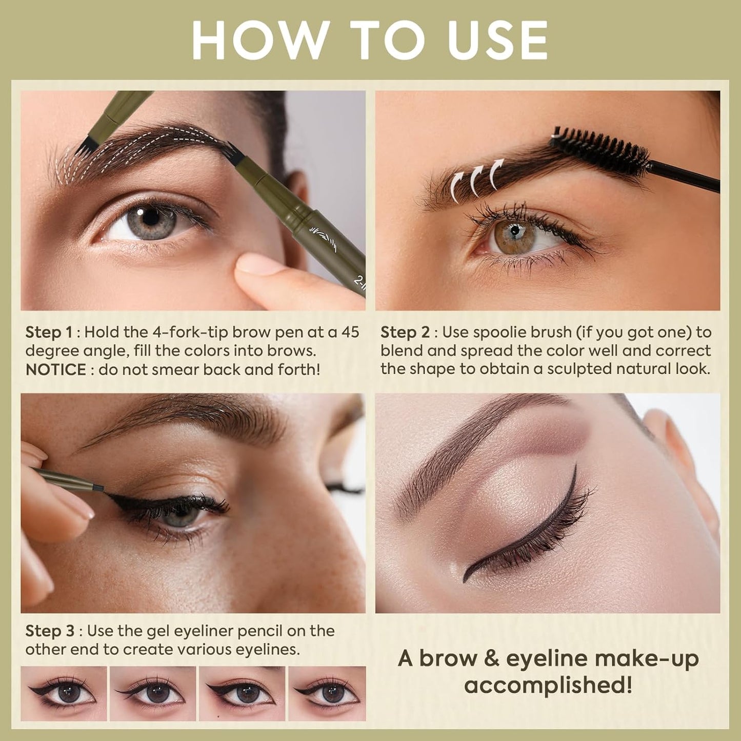 UCANBE Eyebrow Pen - Dual-Ended Pencil with 4-Fork Tip & Gel Eyeliner - Dark Brown, Hair-Like Strokes