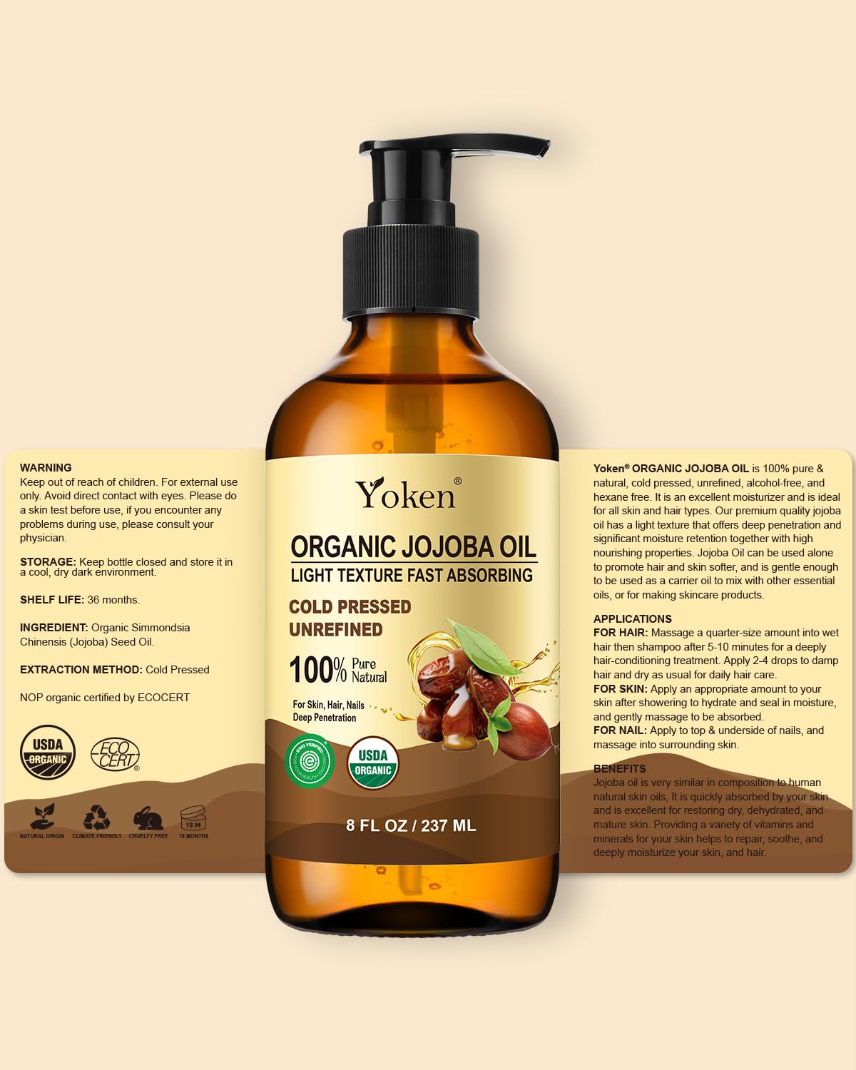 Yoken Organic Jojoba Oil - 100% Pure & Natural Cold Pressed Serum | 8 fl oz Glass Bottle for Hair, Skin & Face