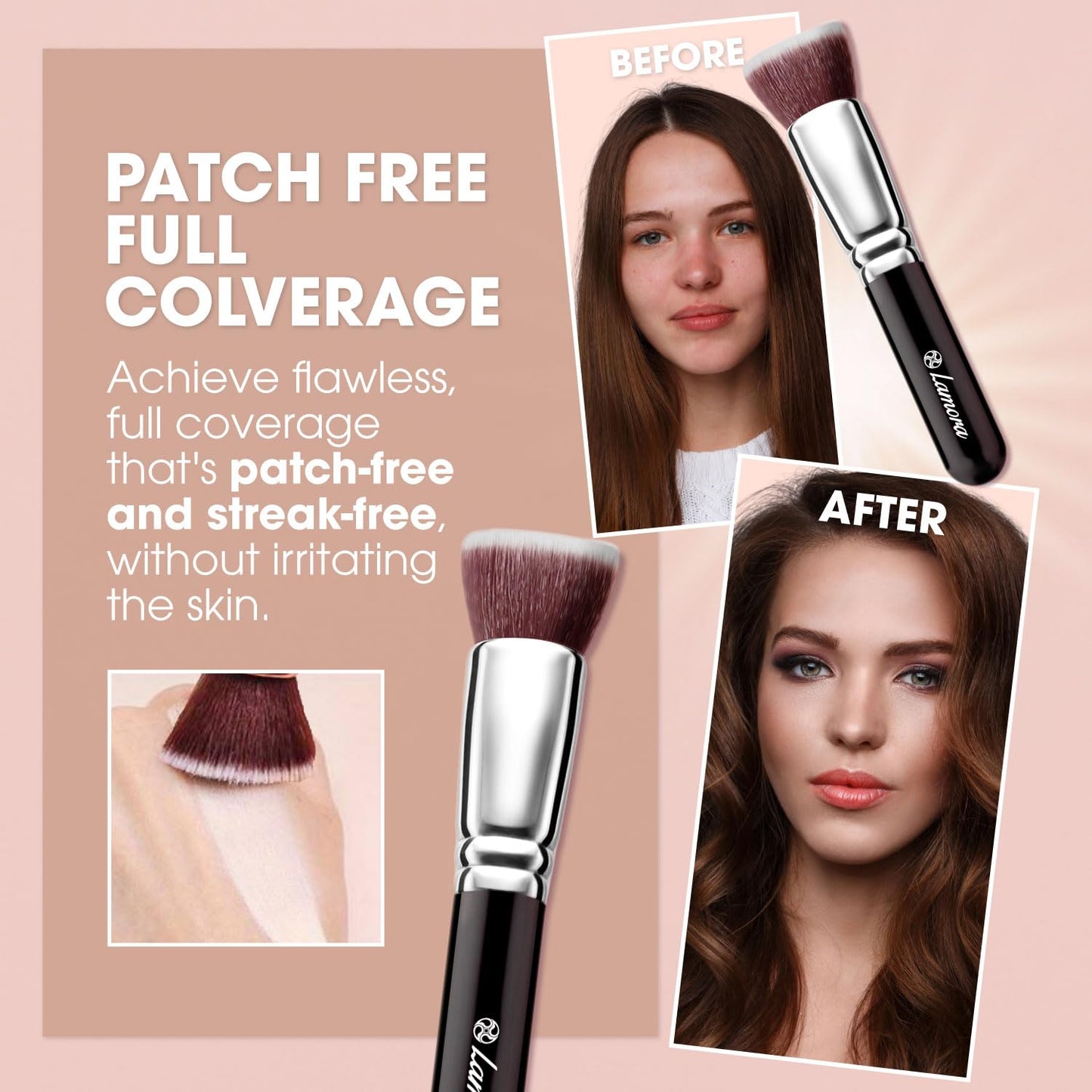 LAMORA Foundation Brush for Liquid Makeup - Kabuki Face Brush for Cream, Powder, Blush, and Concealer - Flat Top Blending, Buffing, Stippling Brush