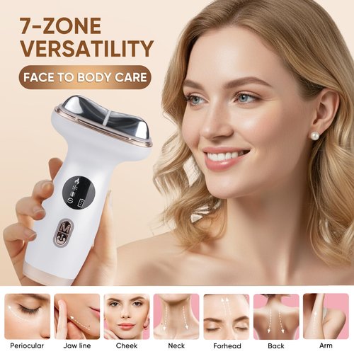 Microcurrent Facial Device with Red Light Therapy - 7-in-1 LED Sculptor & Cold Heated Gua Sha for Face Neck Eye Firming, Depuffing & Double Chin Reduction