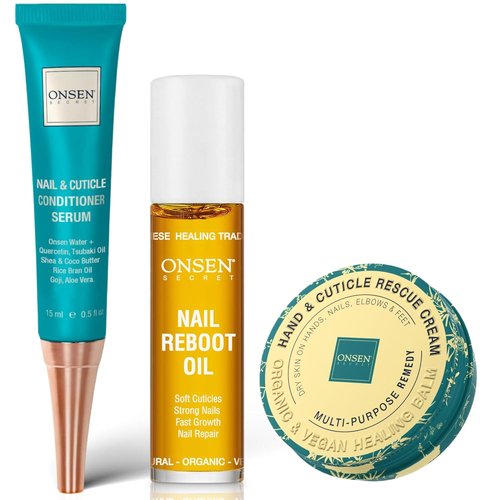 Onsen Nail & Cuticle Rescue Kit - Strengthening Conditioner Serum, Repair Oil & Balm | Hydrating Tsubaki, Shea Butter & Jojoba (15ml Serum + 10ml Oil + 32.5ml Cream)