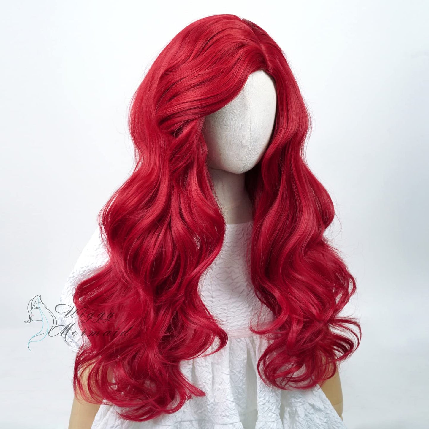 Wiggy Mermaid Wig + Starfish Hairpin for Kids Burgundy Long Curly Wavy Cosplay Wigs with Bangs Halloween Party Costume Heat Resistant Wig + Wig Cap