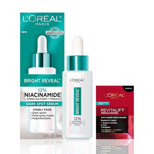 L’Oréal Paris Bright Reveal Dark Spot Serum - 12% Niacinamide & Amino Sulfonic - 1oz + Free Moisturizer Sample