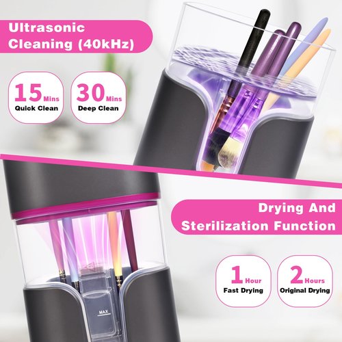 2 In 1 Electric Makeup Brush Cleaner Ultrasonic Cleaner Machine With 95℉ Hot Air Cycle Dryer - Ultra Fast Effective Make Up Brush Washer (Black)