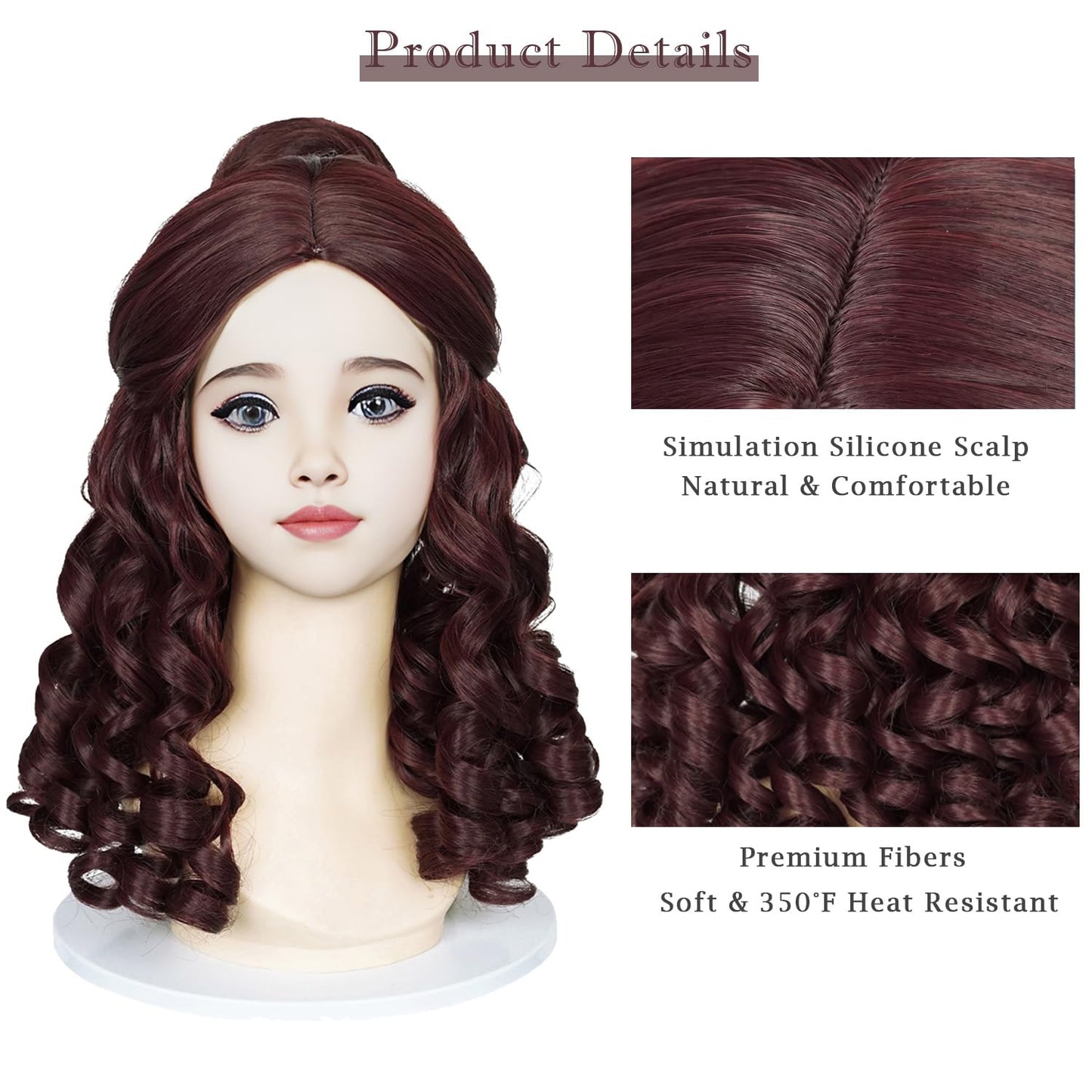 Brown Princess Wig for Kids Girls Toddlers, Long Curly Belle Wig for Halloween Costume Cosplay