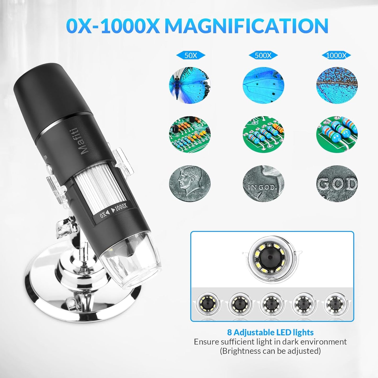 Skiennix Handheld Digital Microscope - Wireless & Portable 50x-1000x Magnification | 360° Rotating Stand for iOS/Android