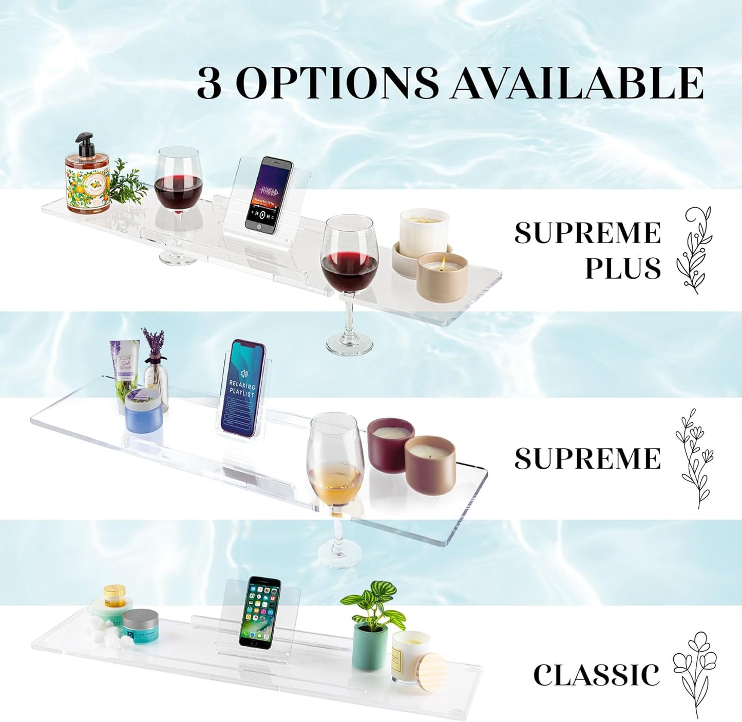 Supreme Plus Luxury Bathtub Tray Caddy - 3/8" Thick Clear Acrylic with iPad & Wine Glass Holders