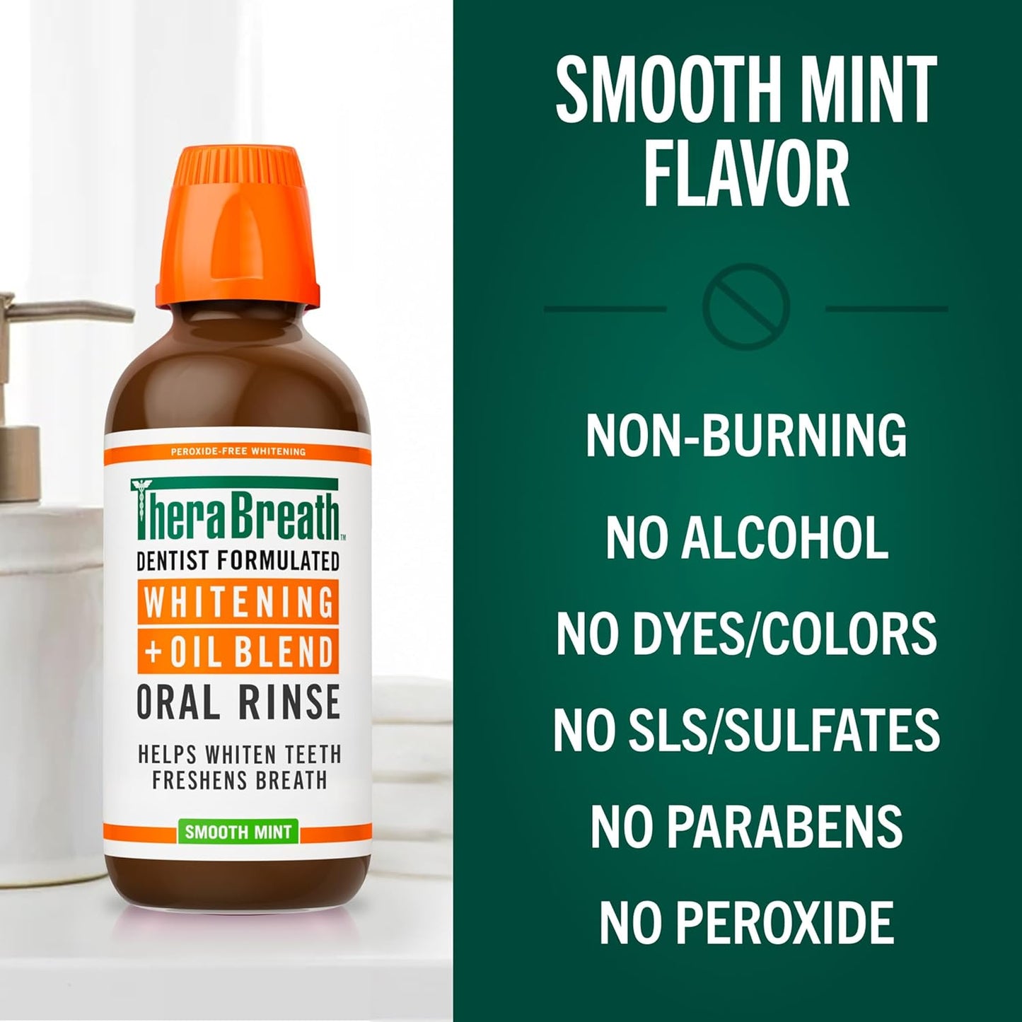 TheraBreath Whitening Mouthwash - Alcohol-Free & Peroxide-Free Oral Rinse, Smooth Mint, 16 Fl Oz
