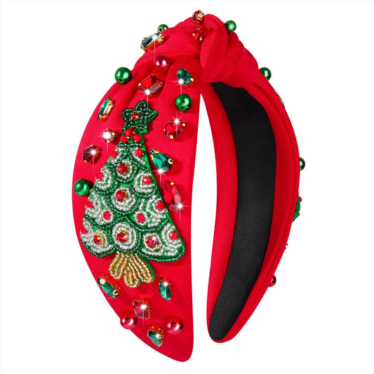 HSWE Christmas Headband for Women Xmas Tree Bow Snowflake Crystal Knotted Headband Rhinestone Embellished Top Knot Hairband