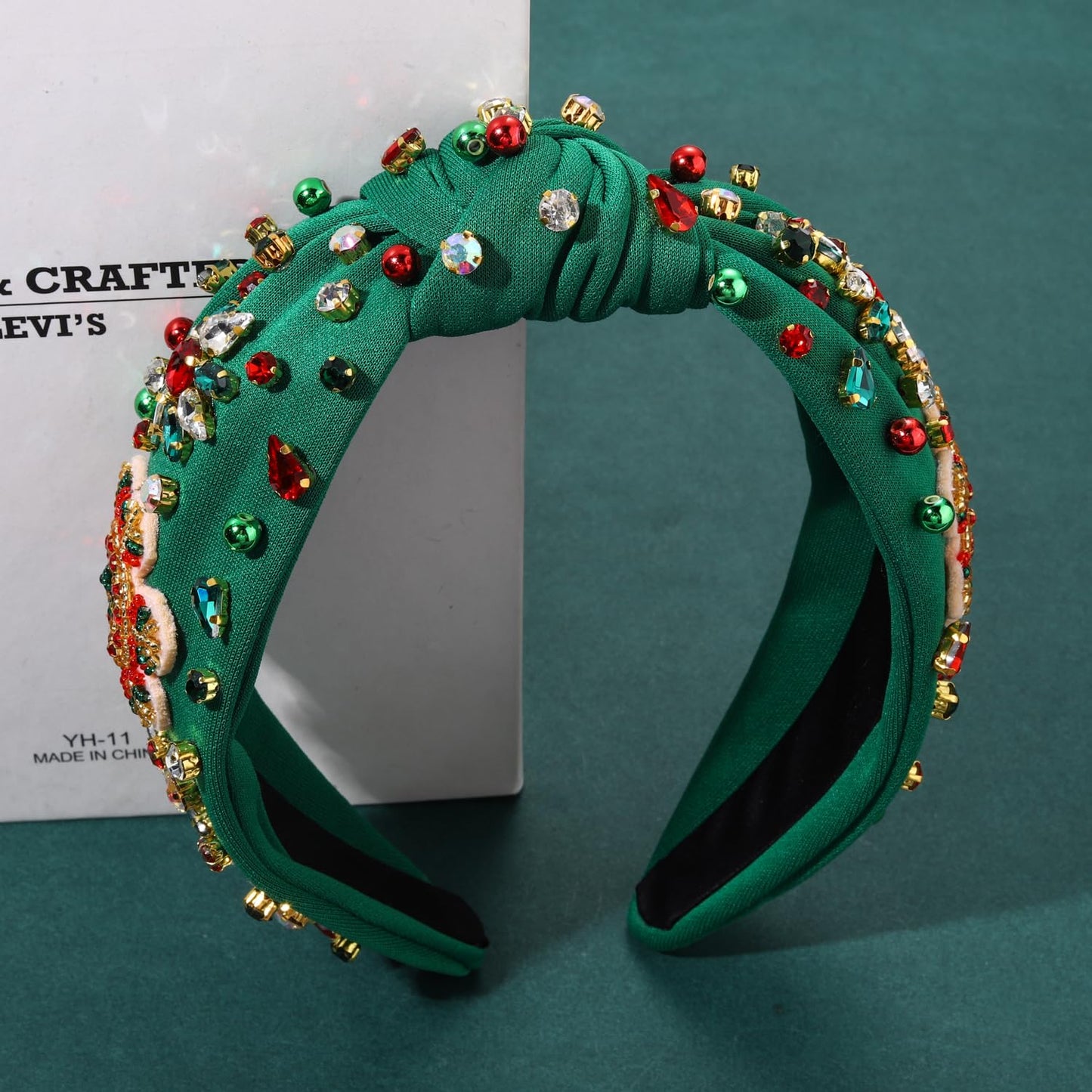 Christmas Holiday Headbands Accessories for Women Beaded Christmas Tree Headband Festive Xmas Knotted Headband Red Green Rhinestone Crystal Wide Top Knot Headband Holiday Gifts (Snowflake 1 - Green)