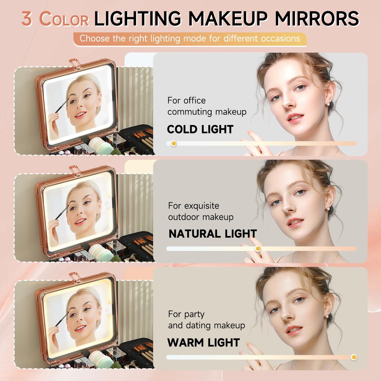 Leeora&Leekoo Makeup Box with LED Mirror & Aluminum Frame, Compact Multi-Layer Cosmetic Organizer - Portable ABS Travel Train Case for Makeup Storage(Gift for Girlfriend/Daughter) (Gold)