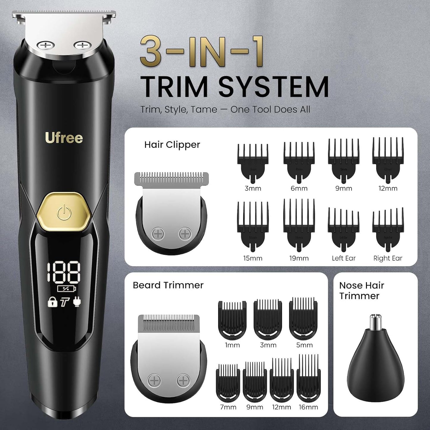 Ufree 3-in-1 Beard Trimmer - IPX6 Waterproof Electric Razor & Hair Clippers | Perfect Gift for Men