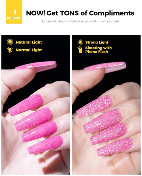BURANO Hot Pink Reflective Glitter Gel Nail Polish - UV LED Holographic Sparkle 7.3ml for DIY Nails