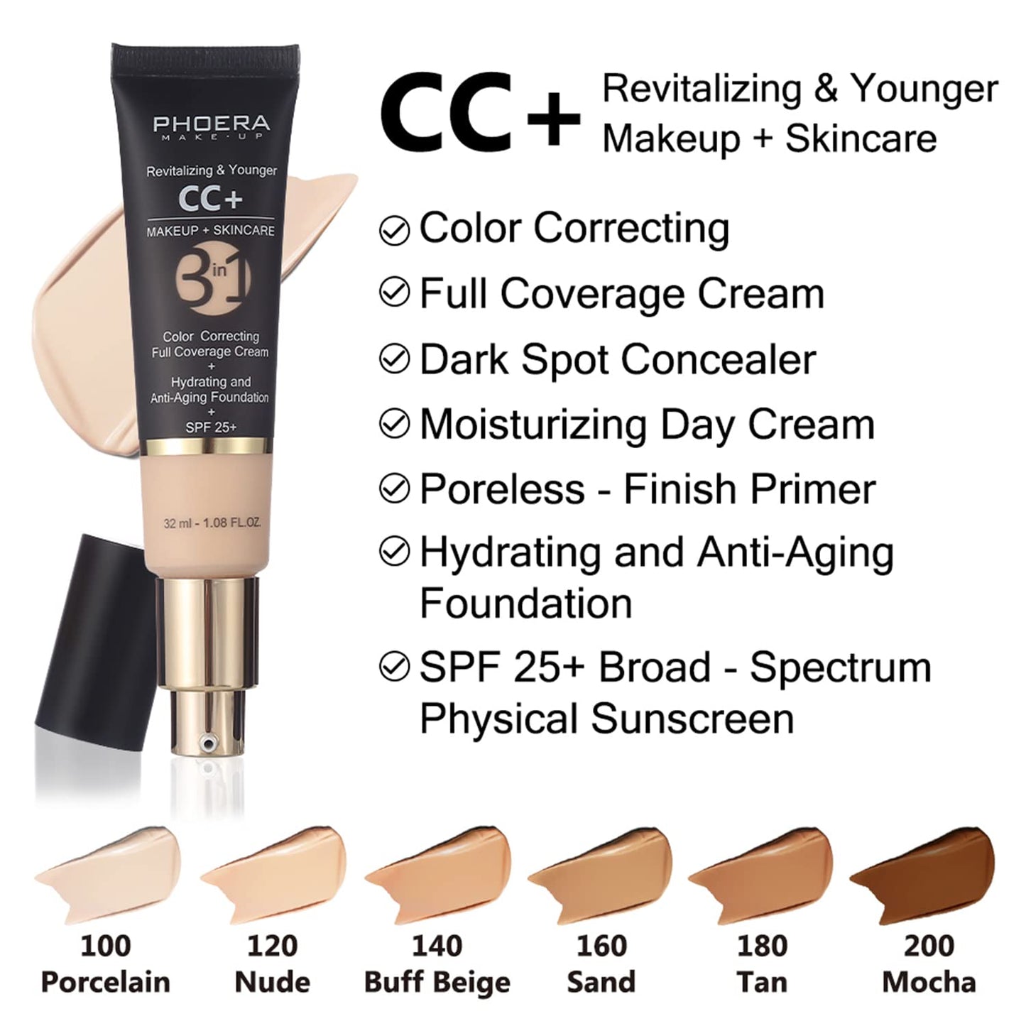 PHOERA CC+ Cream,Full Coverage Foundation，Color Correcting Cream,Anti Aging Hydrating Serum & SPF 25+ Sunscreen - Natural Finish - 1.08 fl oz (160 Sand)