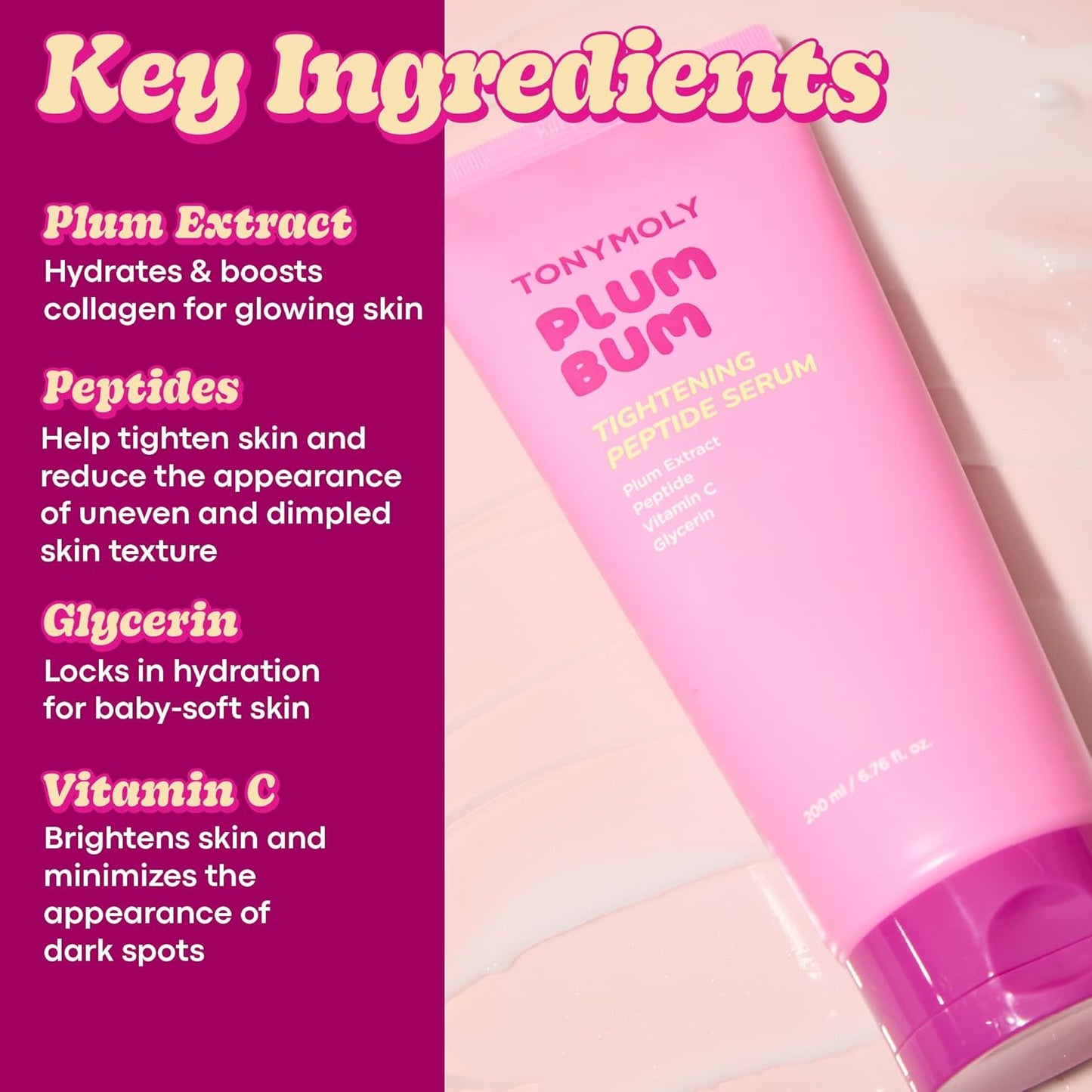 TONYMOLY Plum Bum Tightening Peptide Serum - Firming & Hydrating Body Serum with Plum Extract, 6.76 fl oz