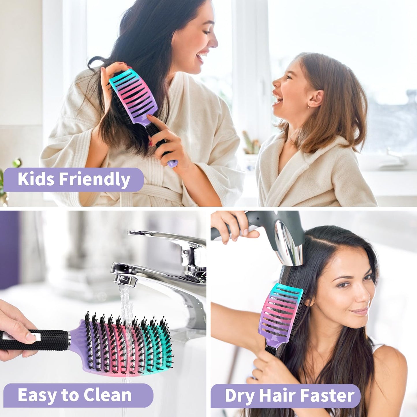 Hair Brushes for Women 2 Pack, HIPPIH Detangler Hair brush for Adult & Kids’ Wet or Dry Hair, Boar Bristle Hair Brush Getting Knots Out without Pain Adds Shine and Makes Hair Smooth