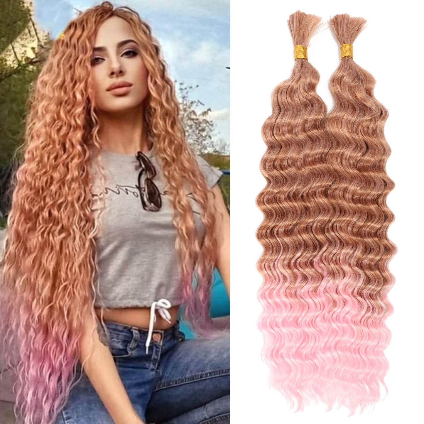 Deep Bulk Hair For Braiding Hair 20inch Wet And Wavy Deep Wave Bulk Hair Quality Synthetic Micro Braiding Hair Extensions for Boho Braids No Weft (2Pack 200g, 30/pink)