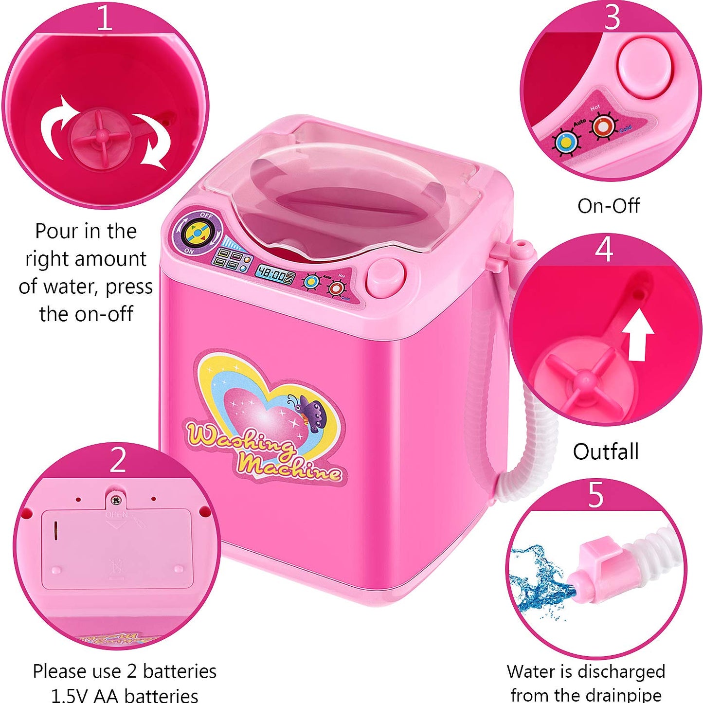 Hsei Mini Toy Washing Machine Makeup Brush Cleaner Plastic Electric Automatic Washing Machine Sponge Cleaning Toy for Girls Ladies