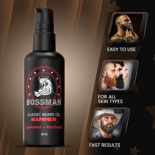 Bossman Organic Mustache & Beard Oil - Natural Moisturizer with Jojoba, Argan & Avocado Oils | 2 oz - Hammer Scent