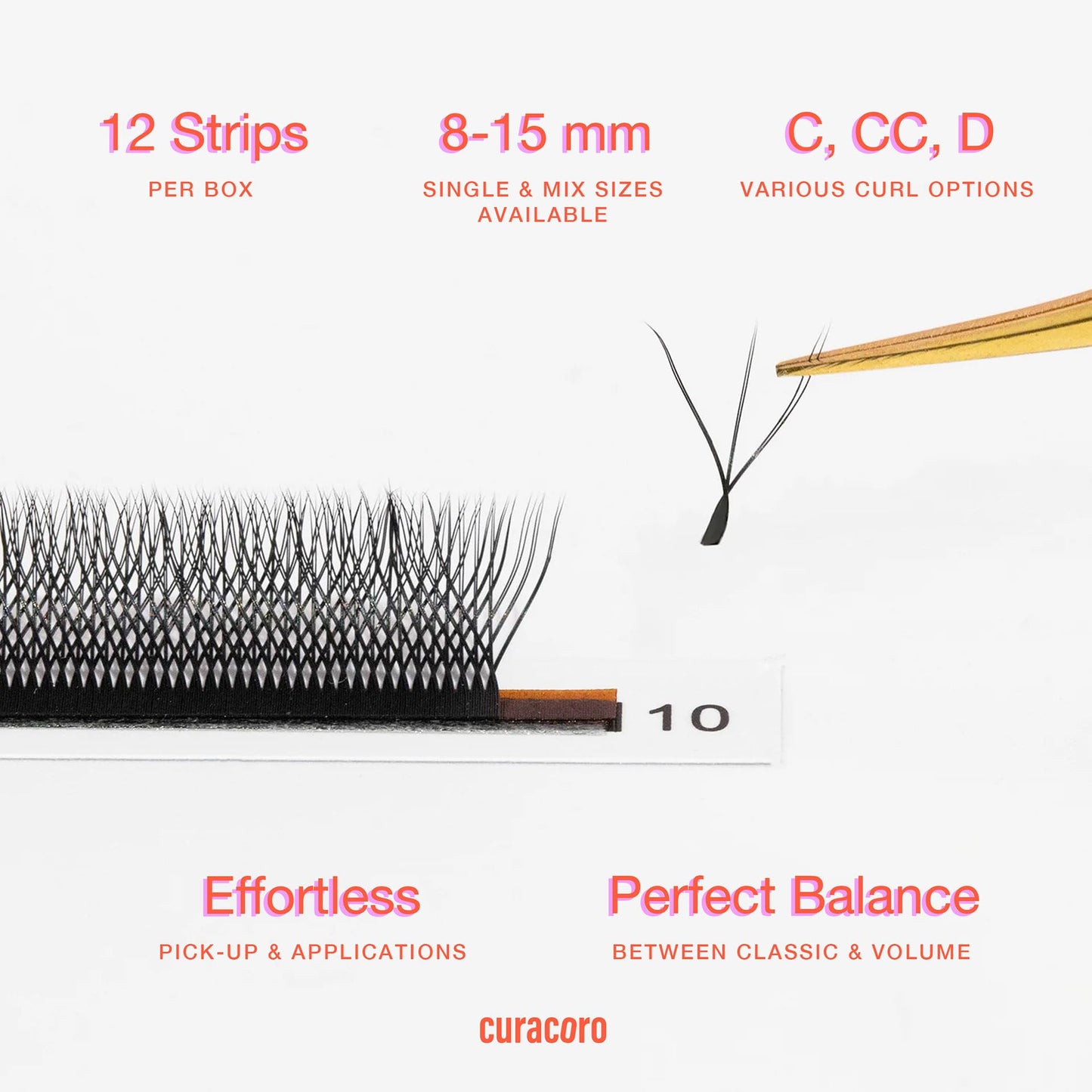 Curacoro W Eyelashes Extensions - 3D Handmade Volume Eyelashes, C CC D Curl, Thickness 0.05~0.07mm, 9-15mm Length Mixed Tray, Full Fluffy Volume Look, Long Lasting & Easy Application