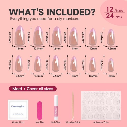 HOSAILY Pink Chrome French Press on Nails Medium Almond, 24Pcs Pink Aurora French Tips with Iridescent Shimmer Design Fake False Nails for women, Elegant Pretty Daily Wear for Old Money Chic