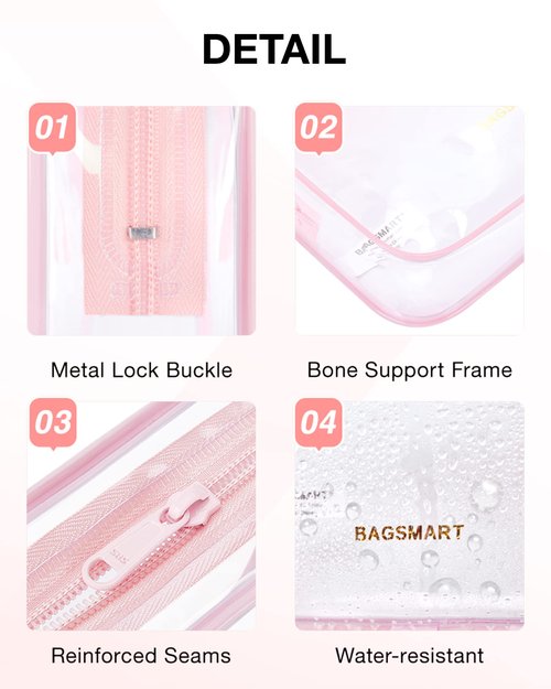 BAGSMART Clear Toiletry Bag, 3 Packs TSA Approved Water-resistant Quart Size Travel Organizer, Airport Airline Travel Essential Carry-On Makeup Cosmetic Bags for Women, Pink