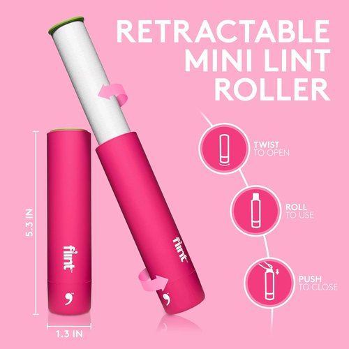 Flint Classic Mini Lint Roller - Portable Pink Design with 90 Extra Sticky Sheets | Ideal Pet Hair Remover