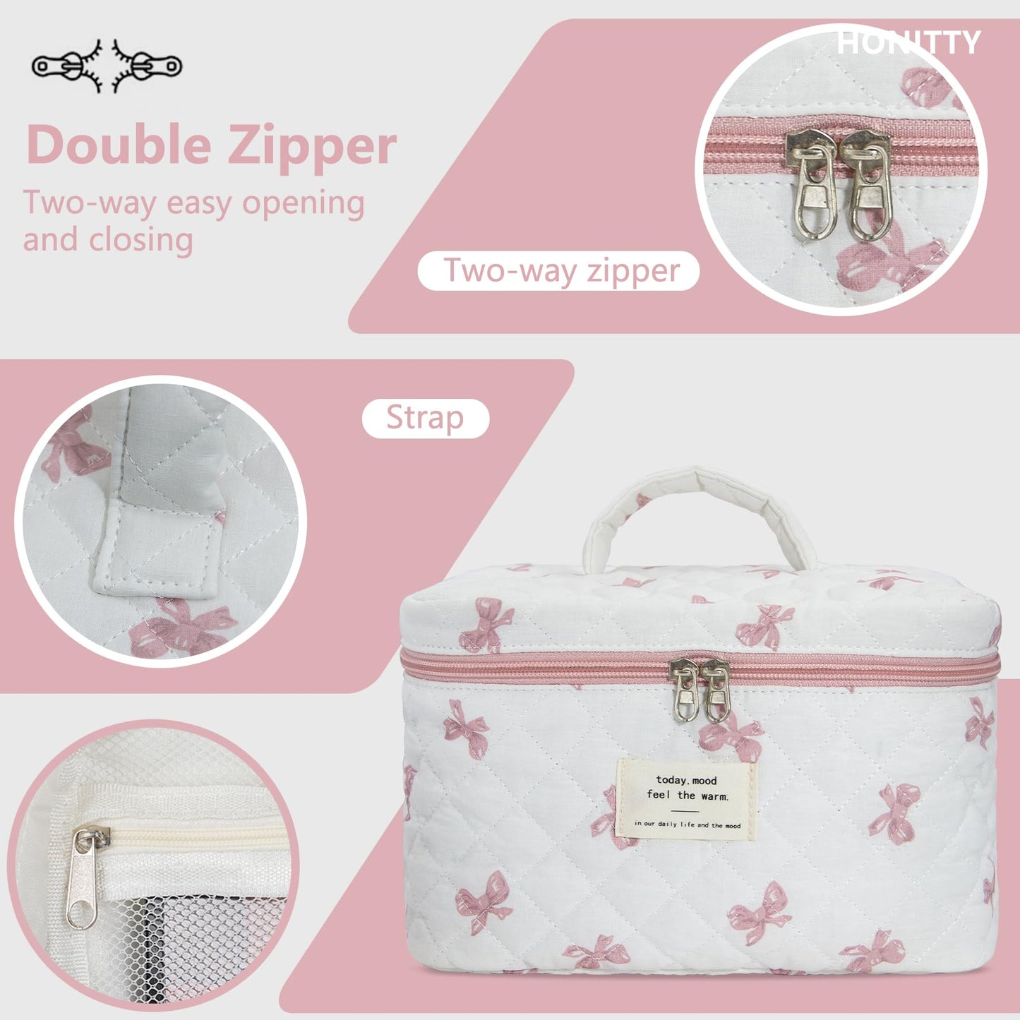 honitty Makeup Bag,Quilted Cosmetic Bag,Large Floral Make Up Bag for Women,Cotton Makeup Bag Set,Flower Travel Toiletry Bag