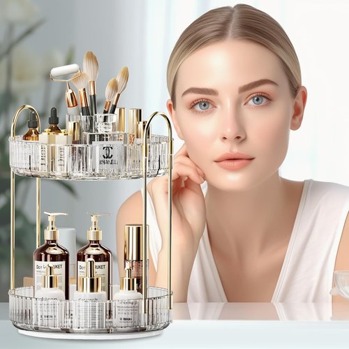 360° Rotating Makeup Organizer, Large-Capacity Skincare Make Up Storage 2 Tier Perfume Organizers Cosmetic Dresser Organizer with Makeup Brush Holder, Fits Bedroom, Bathroom, Vanity Shelf Countertop