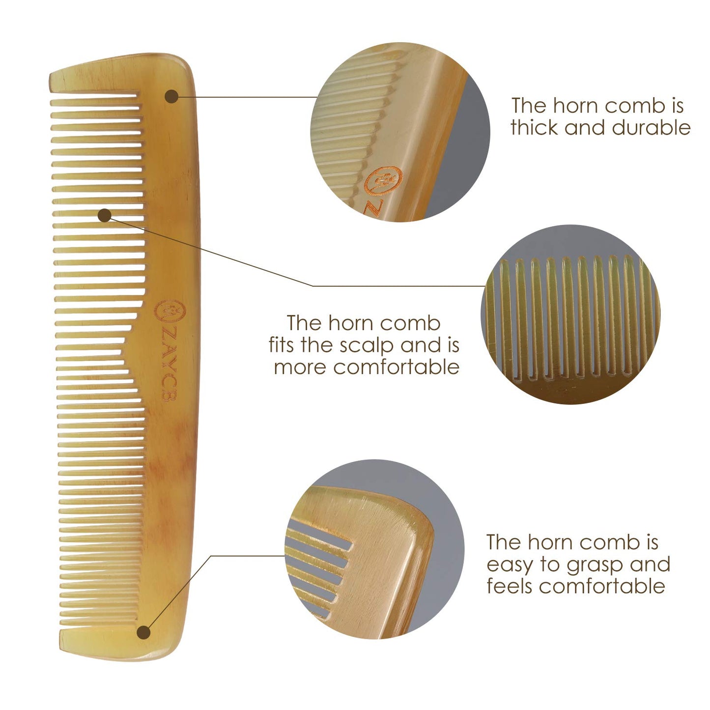 ZAYCB Buffalo Horn Fine Tooth Comb - Anti-Static Hair Comb - Hair Styling Detangling Comb for All Hair Types (Men, Women, Kids)