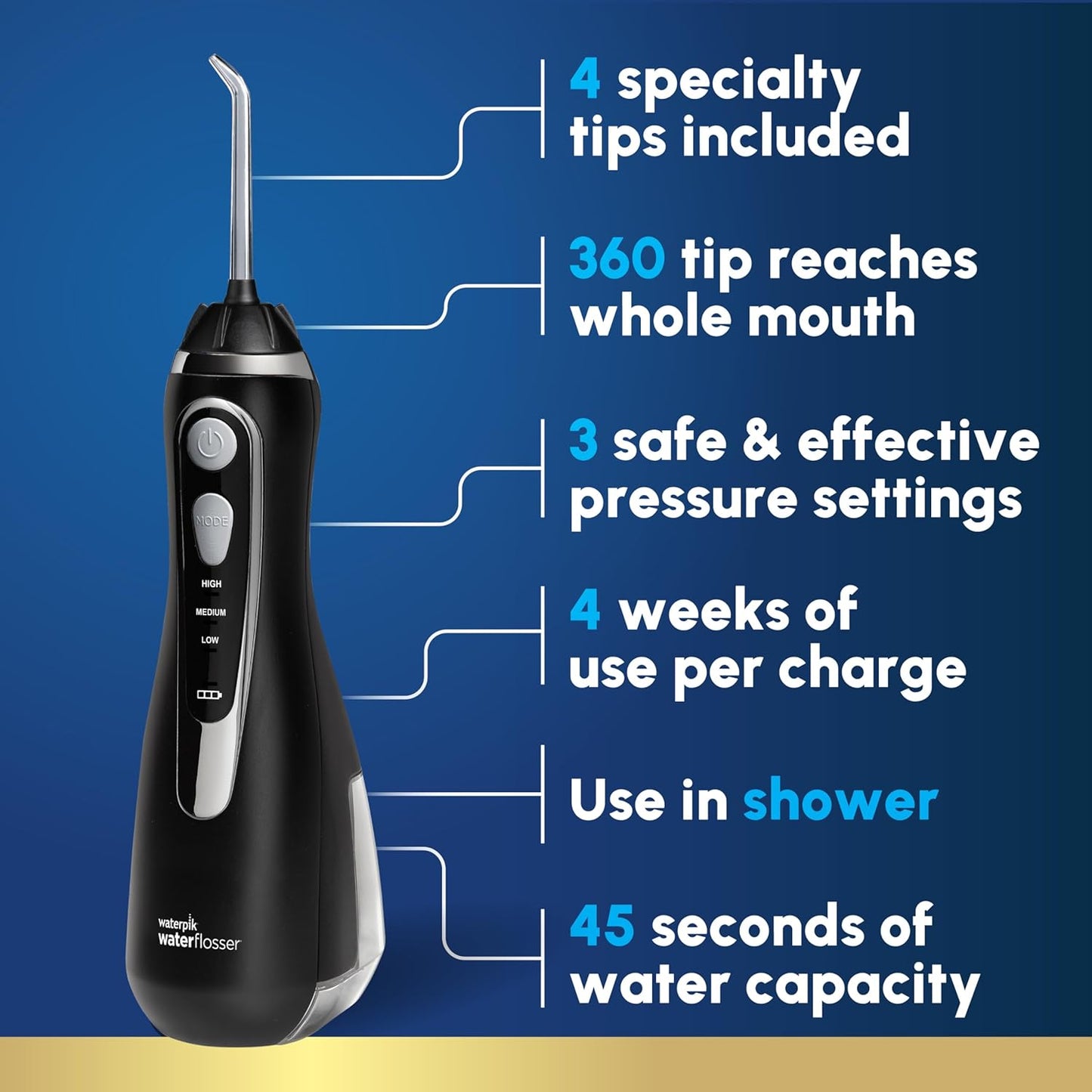 Waterpik Cordless Advanced 2.0 Water Flosser - Portable Dental Care With Travel Bag & 4 Tips, Black