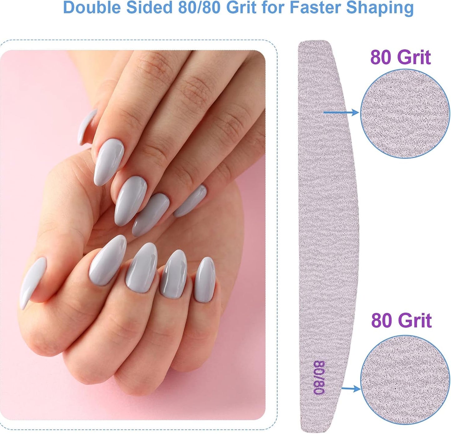 Skiennix 80/80 Grit Nail Files - Professional Double-Sided Emery Boards for Acrylic & Gel Nails | 10 Pack, Curved Gray