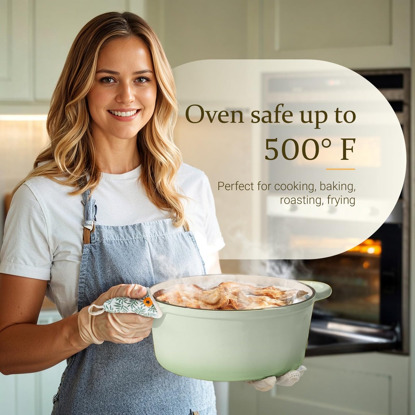 Overmont Enameled Cast Iron Dutch Oven - 4.5QT Pot with Lid Cookbook & Cotton Potholders - Heavy-Duty Cookware for Braising, Stews, Roasting, Bread Baking bottle green