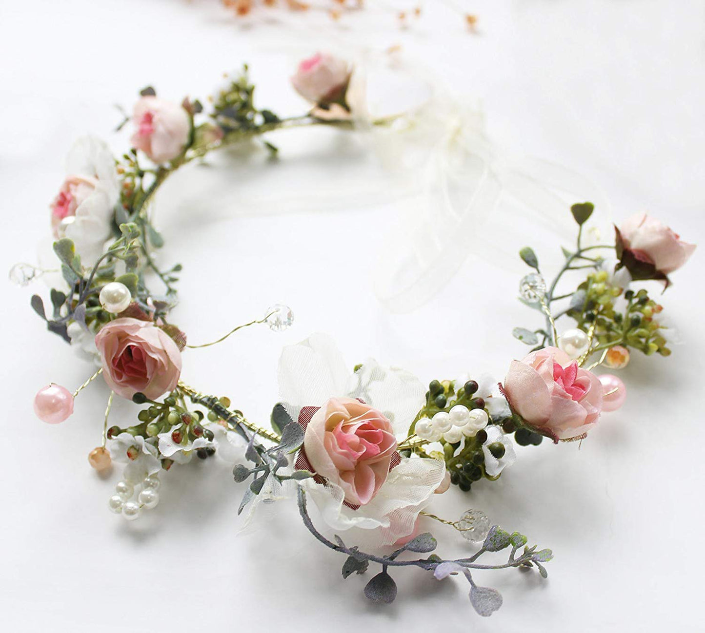 YnimioAOX Handmade Adjustable Flower Wreath Headband Halo Floral Crown Garland Headpiece,C15-light pink