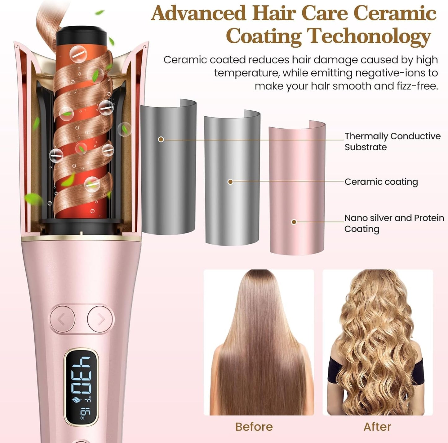 Skiennix Automatic Curling Iron - 1" Large Barrel, 4 Temperatures & 3 Timers, LCD Display