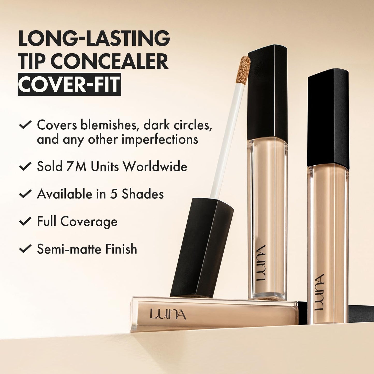 LUNA Long-Lasting Tip Concealer Cover-Fit (#04 Sand) Full Coverage, for Under Eye Dark Circles, Fine Lines, Redness & Discoloration, Korean Makeup 0.26 Fl Oz