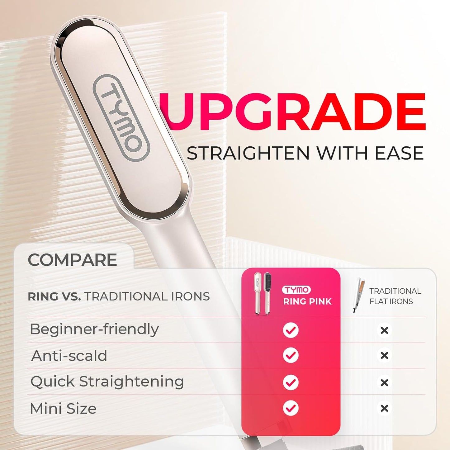 TYMO Ring Hair Straightener Brush - Fast Heating Comb with 5 Temperature Settings | Gold Finish