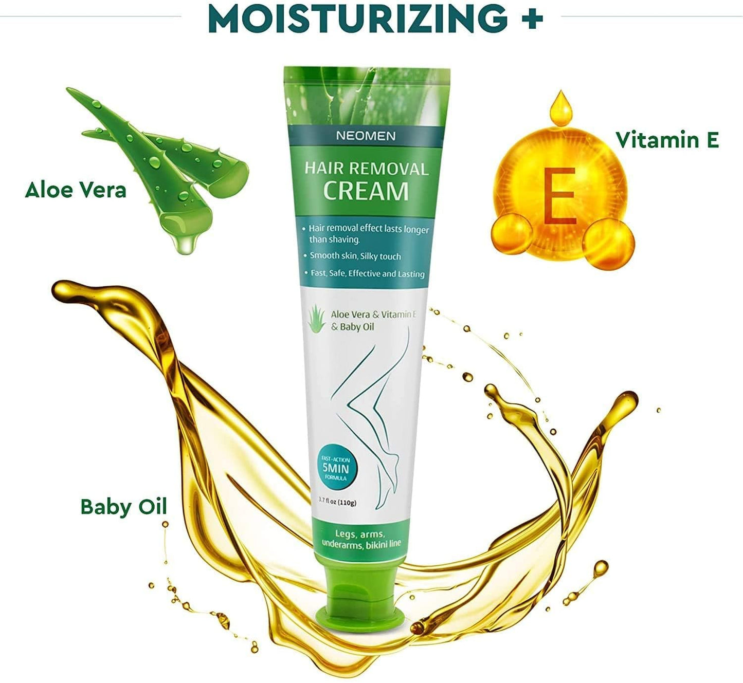 Neomen Hair Removal Cream for Men & Women : Painless Depilatory for Sensitive Skin & Intimate Areas, Moisturizing with Aloe Vera & Vitamin E, Safe for Face, Underarms, Bikini, Arms, Legs