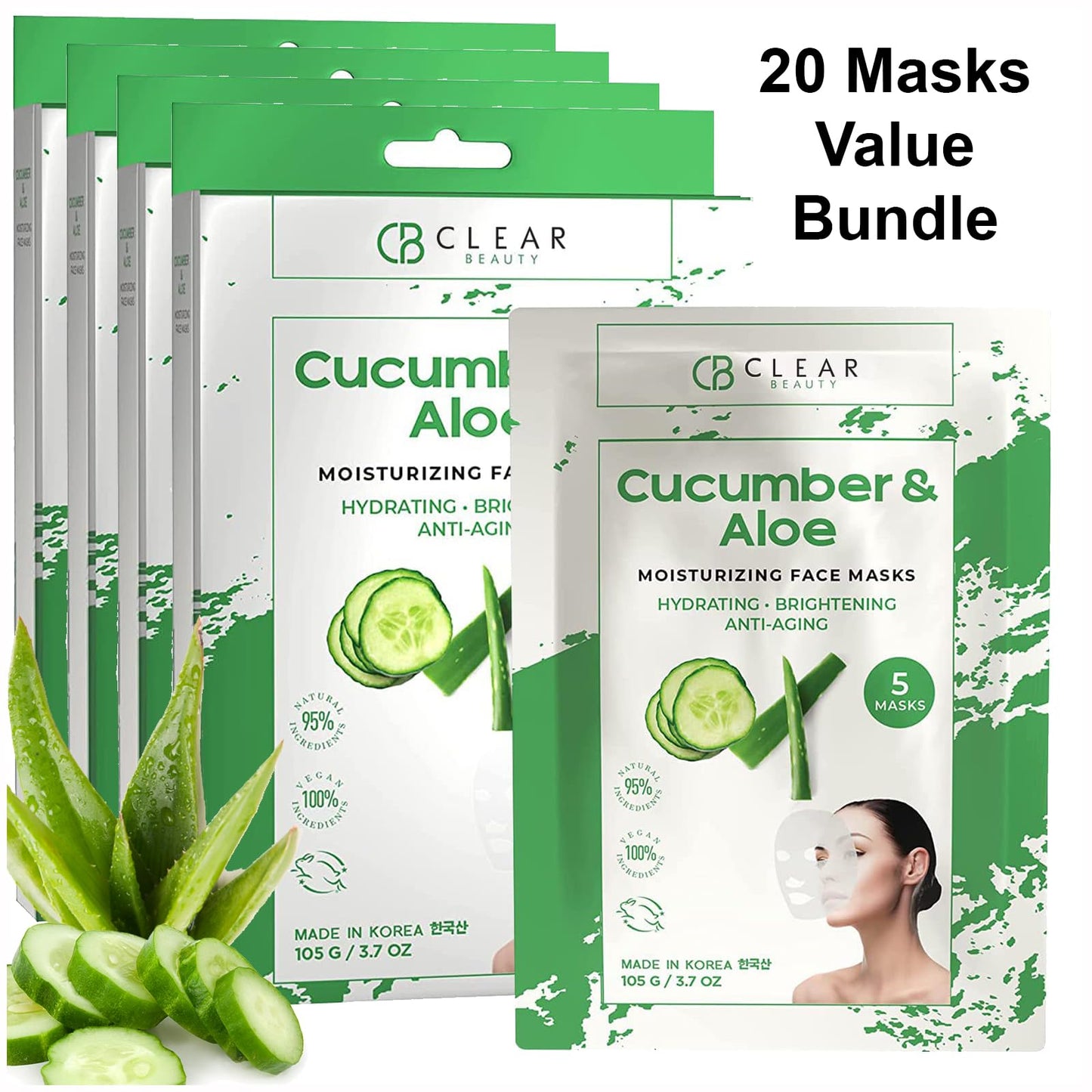 Clear Beauty Cucumber & Aloe Moisturizing Face Mask - Dermatologist Tested, Soothes Irritated Skin, Reduces Wrinkles & Fine Lines, Hydrating, Cruelty-Free Korean Skin Care - All Skin Types - 4 Pack