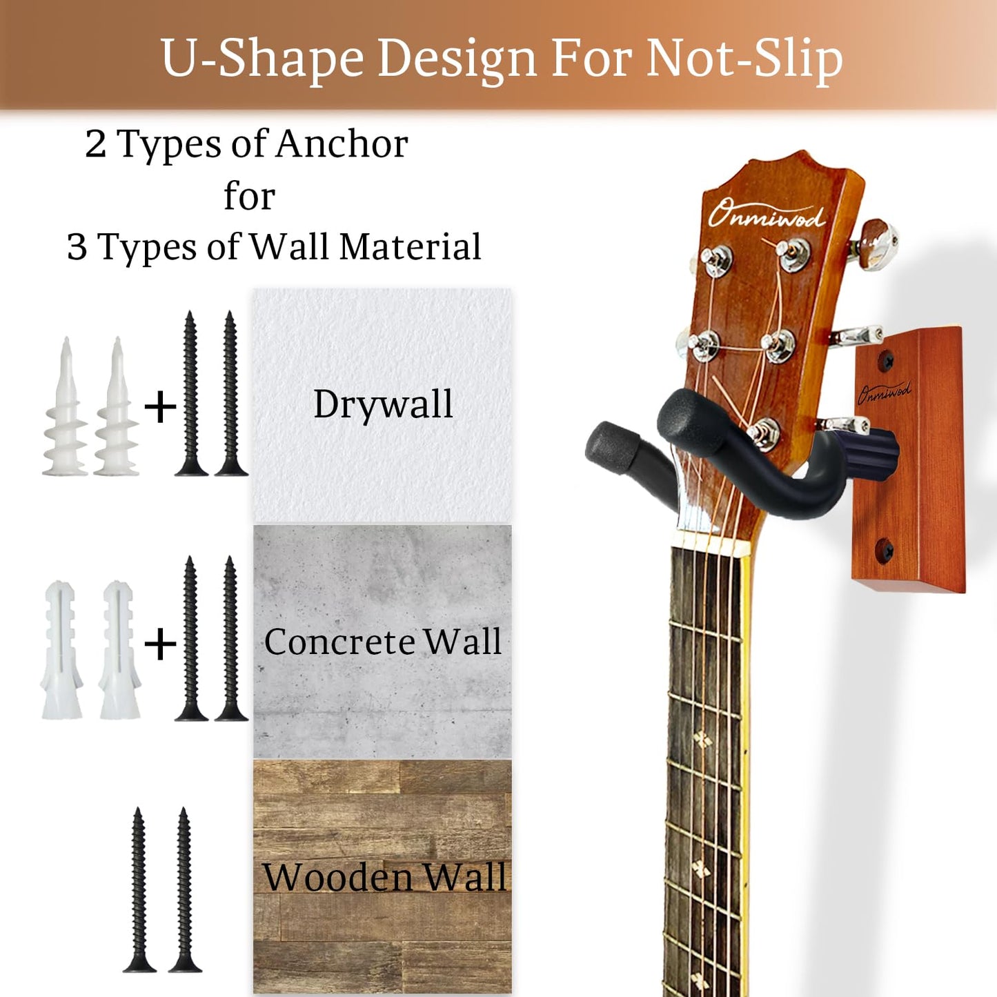 Guitar Wall Mount, Acacia Hardwood Guitar Hanger, U-Shaped Guitar Wall Hanger Mount, Guitar Holder Hook Stand for Acoustic, Electric Guitar, Banjo, Bass, Gift for Guitar Player