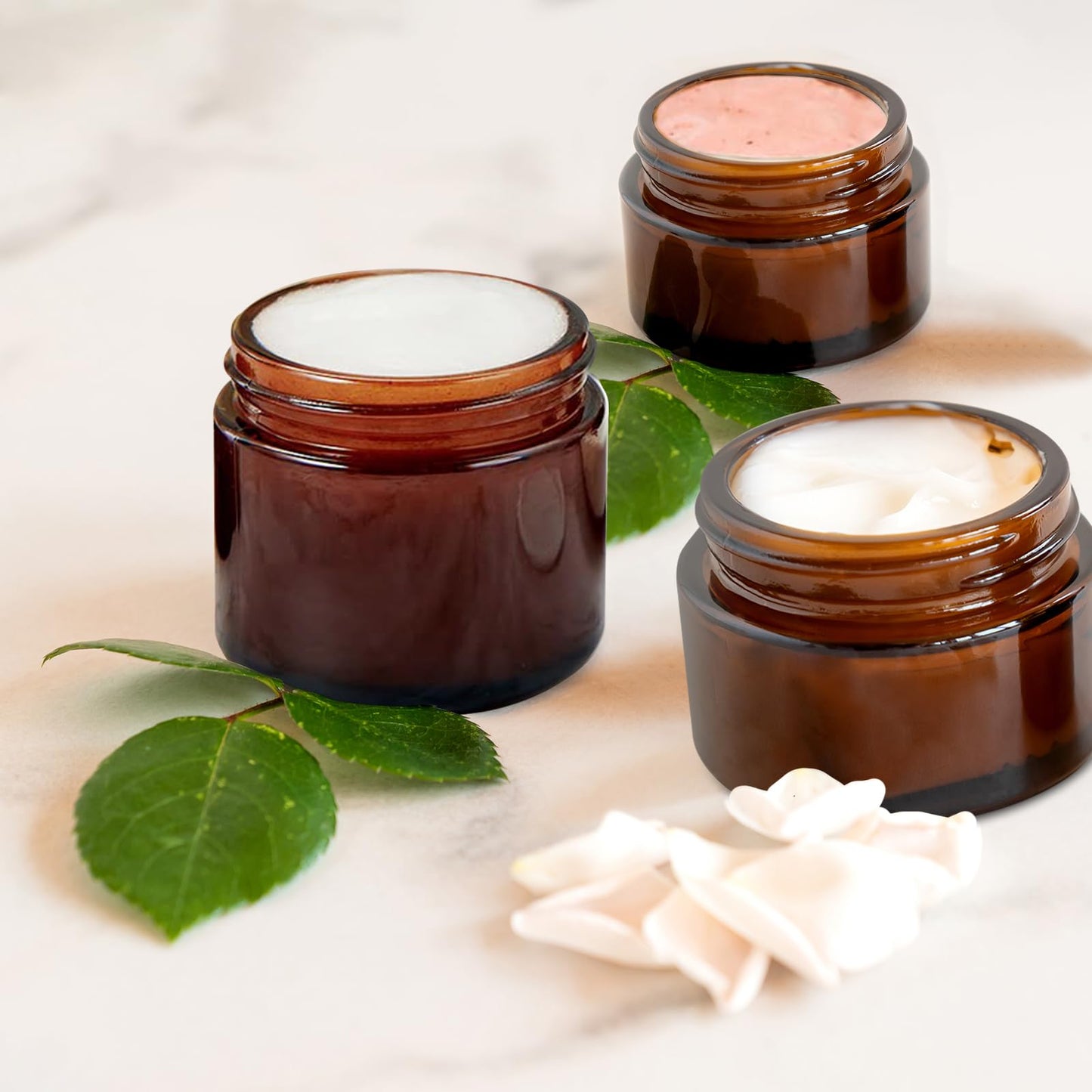 IRON BILL 2 Oz Amber Round Glass Jars with Inner Liners and Gold Lids(12PCS) Empty Cream Containers Refillable Cosmetic Vials for Cosmetics, Lotions, Ointment, Body Scrubs & Balms