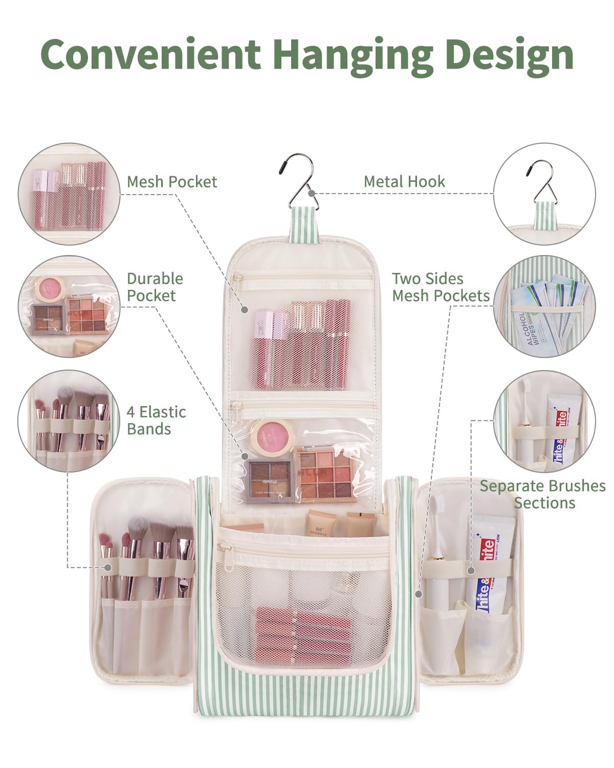 Narwey Striped Hanging Travel Toiletry Bag for Women, Travel Bag for Toiletries, Makeup Bag Organizer Cosmetic Bags Make Up Bags for Women (Mint Green Stripe)