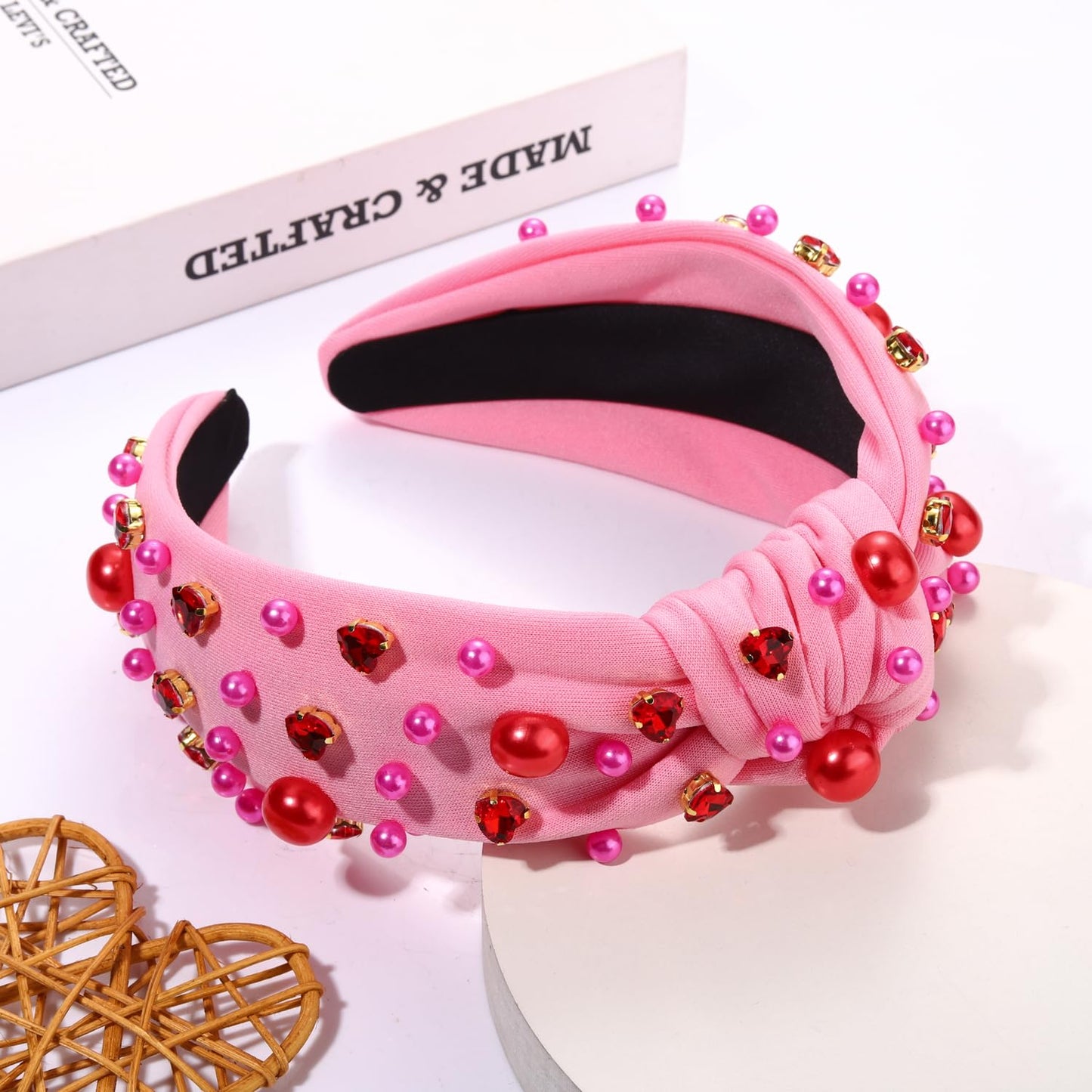 GLBCC Valentines Day Headband Red Heart Rhinestone Knotted Headband Hot Pink Pearl Wide Top Knot Hairband for Women Valentine Holiday Fashion Head Band Hair Accessories (pink knot hairband A)