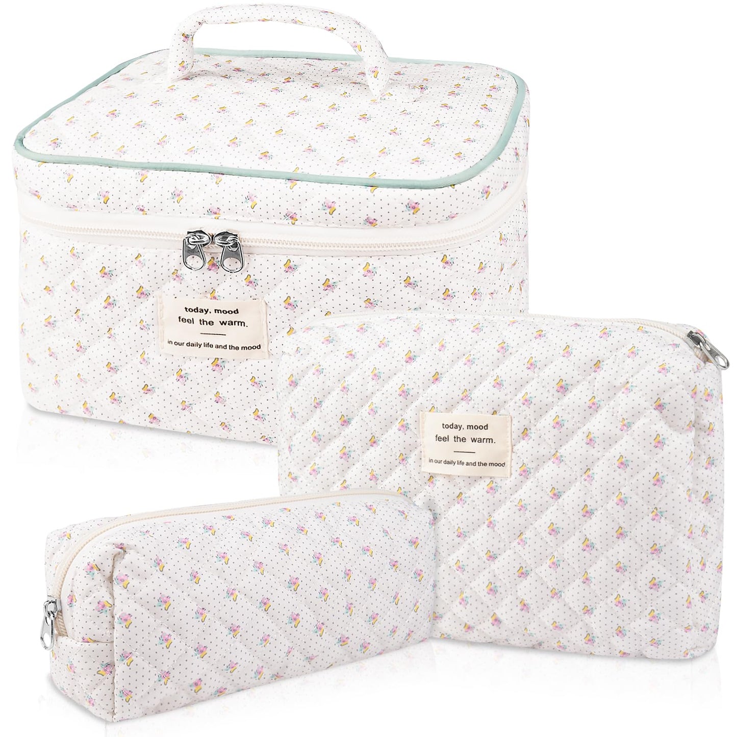 Makeup Bag Set, Quilted Makeup Bag, Large Floral Cosmetic Bag for Women, Cute Cotton Makeup Bag, Flower Travel Toiletry Organizer Bag (Flower)