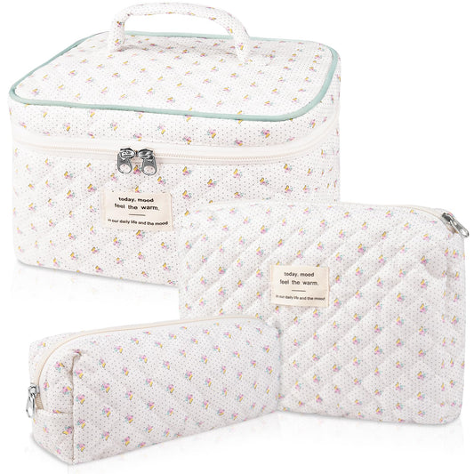 Makeup Bag Set, Quilted Makeup Bag, Large Floral Cosmetic Bag for Women, Cute Cotton Makeup Bag, Flower Travel Toiletry Organizer Bag (Flower)